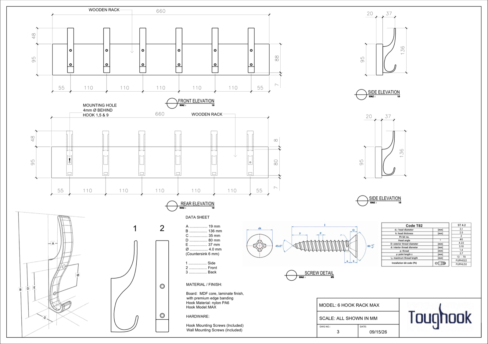 Dimensioned technical drawing for the Max 6-hook Toughook rack